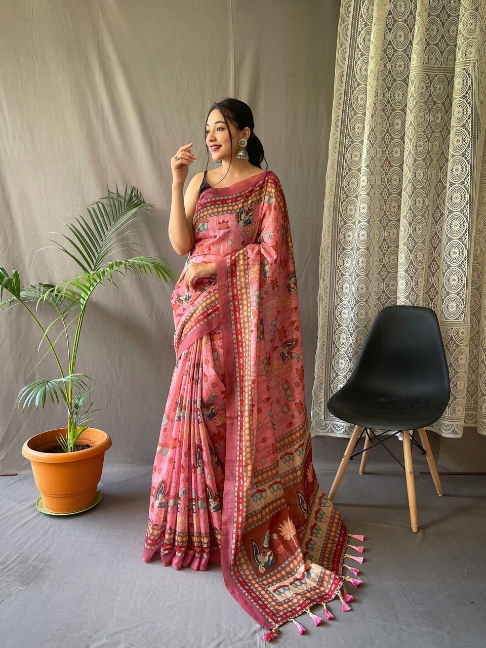 Women's Artistic Terracotta Orange Linen Saree with Kalamkari Inspired Print & Tassel Detailing – Perfect for Casual Festivities & Cultural Events - Image 4