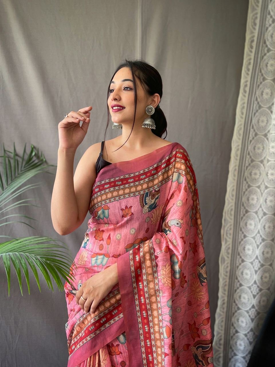 Women's Artistic Terracotta Orange Linen Saree with Kalamkari Inspired Print & Tassel Detailing – Perfect for Casual Festivities & Cultural Events - Image 5