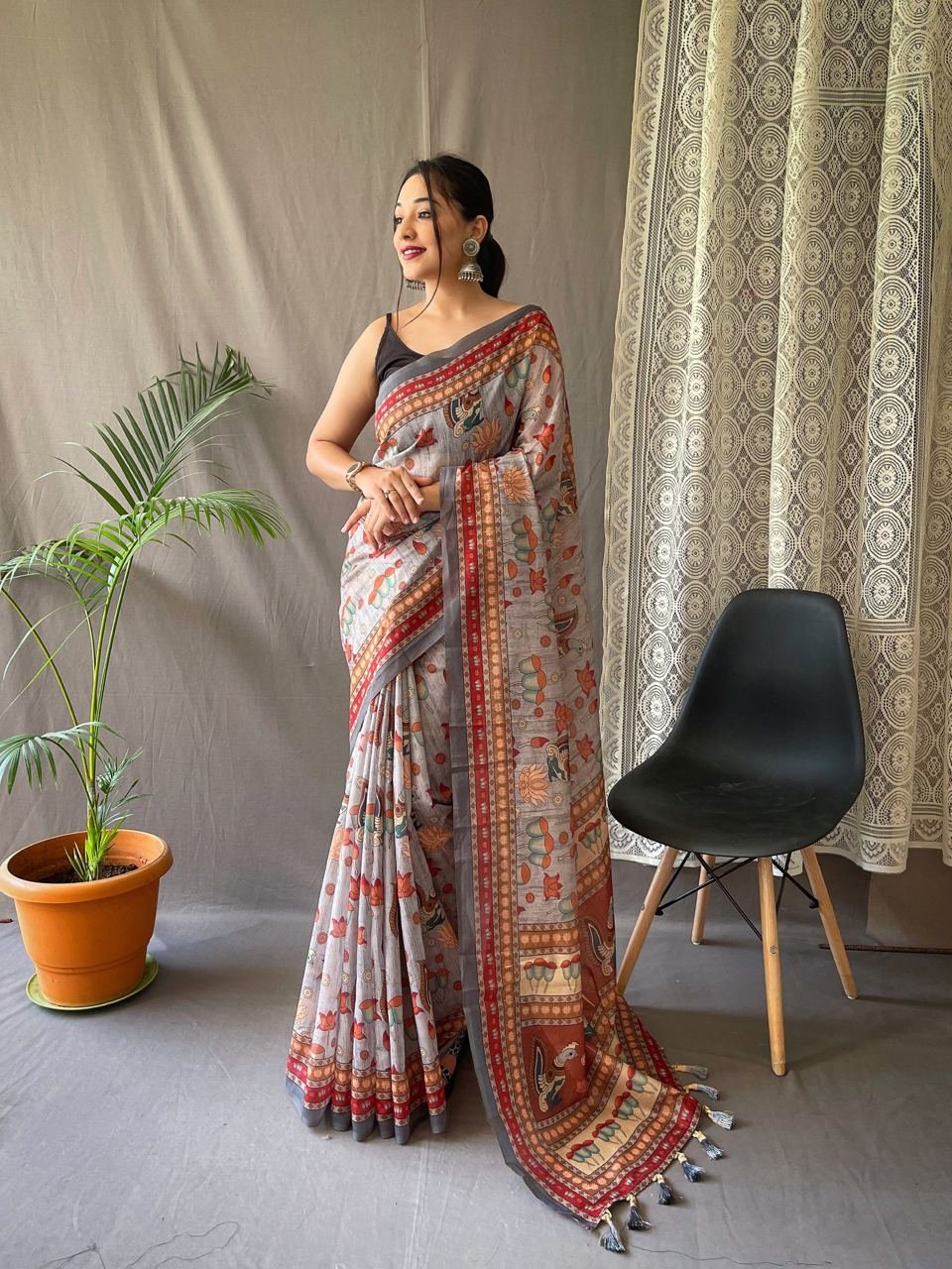 Women's Artistic Terracotta Orange Linen Saree with Kalamkari Inspired Print & Tassel Detailing – Perfect for Casual Festivities & Cultural Events - Image 8